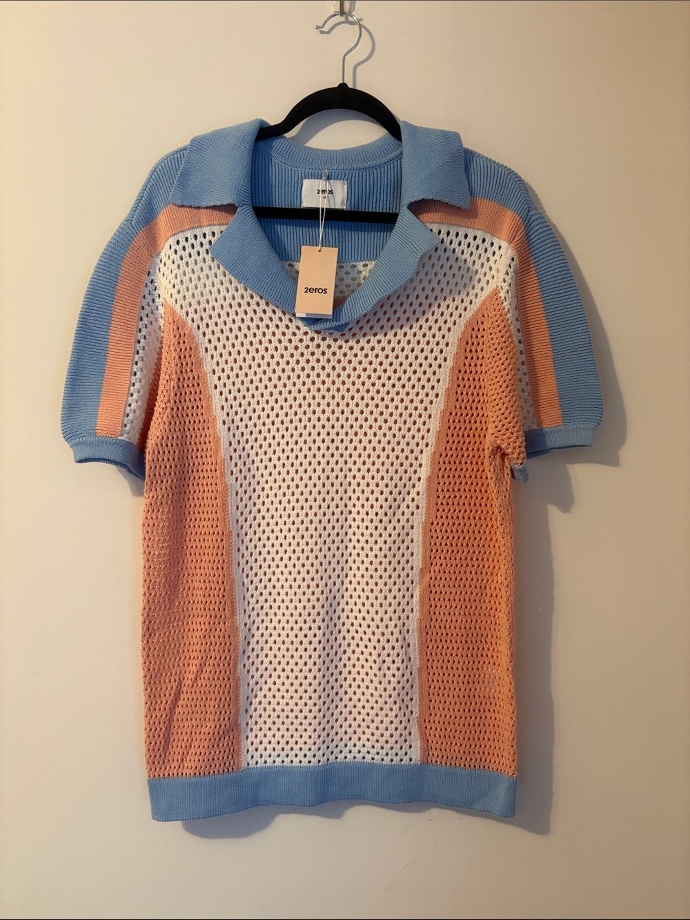 Zeros Men’s Open Knit Polo Sweater - Blue, White & Peach